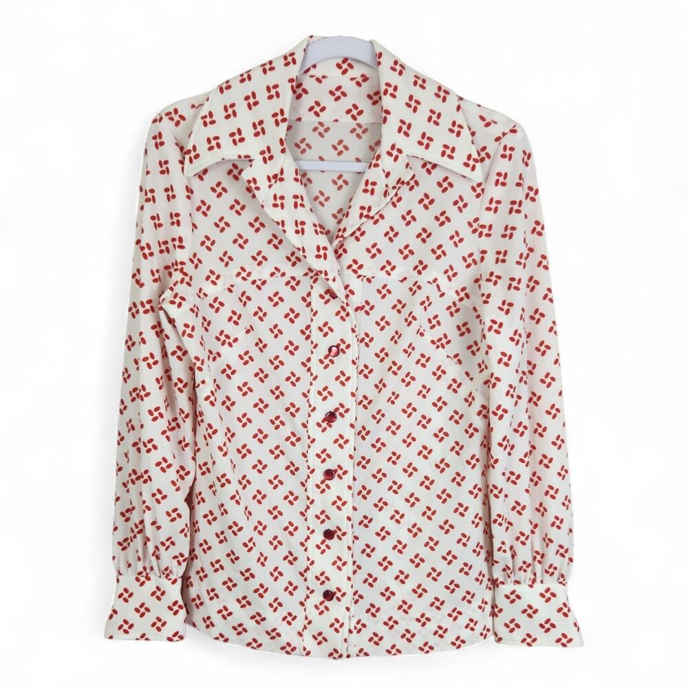 70s Vtg Dagger Collar Shirt Womens Large White Red Print Handmade Long Slv Disco